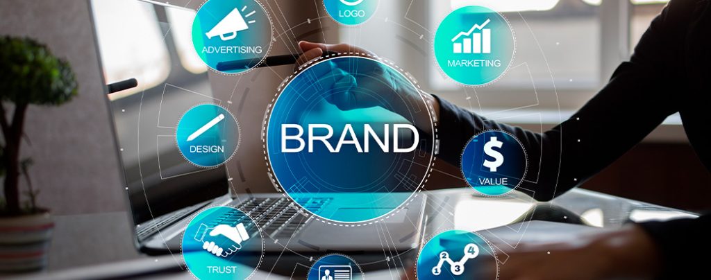 conceito de diagrama de marca na tela virtual, aumento de notoriedade, solução de design marketing e publicidade nos negocios