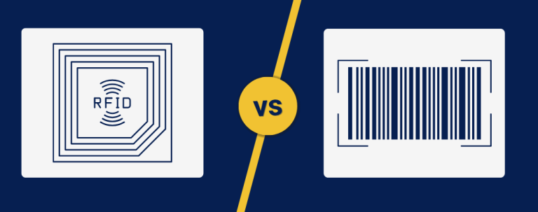 ilustração com imagens de rfid de um lado, dividindo em versus a imagem de código de barras no outro