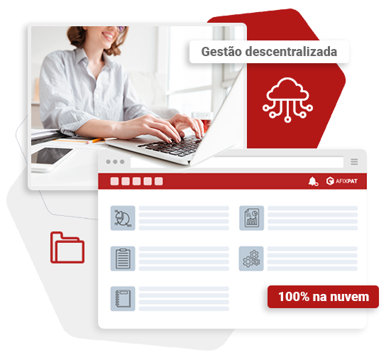 Sistema AfixPat com gestão descentralizada em nuvem exibindo interface de controle patrimonial e uso em notebook