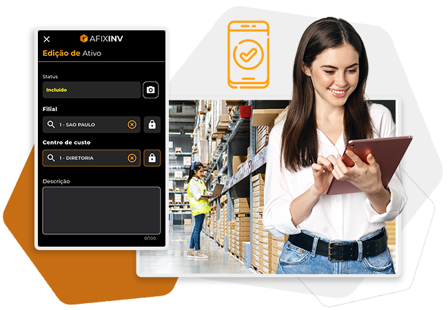 Interface do software Afixinv para edição de ativos exibida ao lado de profissional utilizando tablet em ambiente de estoque