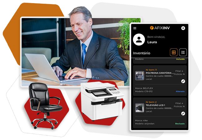 Gestor usando notebook com app Afixinv exibindo inventário físico em tempo real de ativos como cadeira e impressora