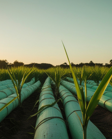 Plantação agrícola com tubos de irrigação entre as fileiras de cultivo representando ativos biológicos no campo
