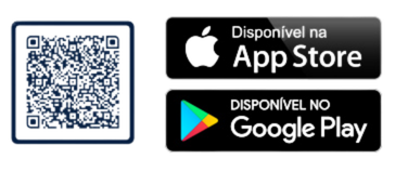 QR CODE para o aplicativo e logo da APP Store e logo do Google Play