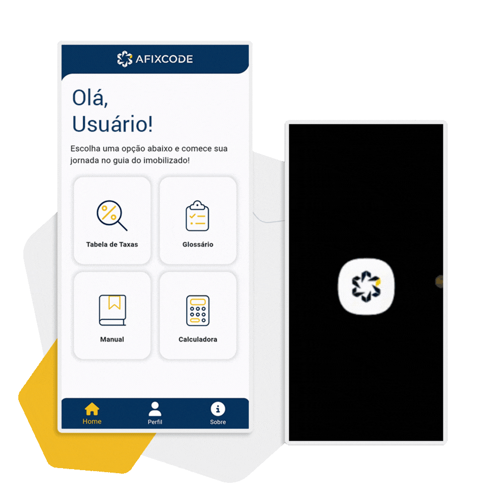 Telas do aplicativo guia do imobilizado com opções de tabela de taxas, glossário, manual e calculadora para gestão patrimonial