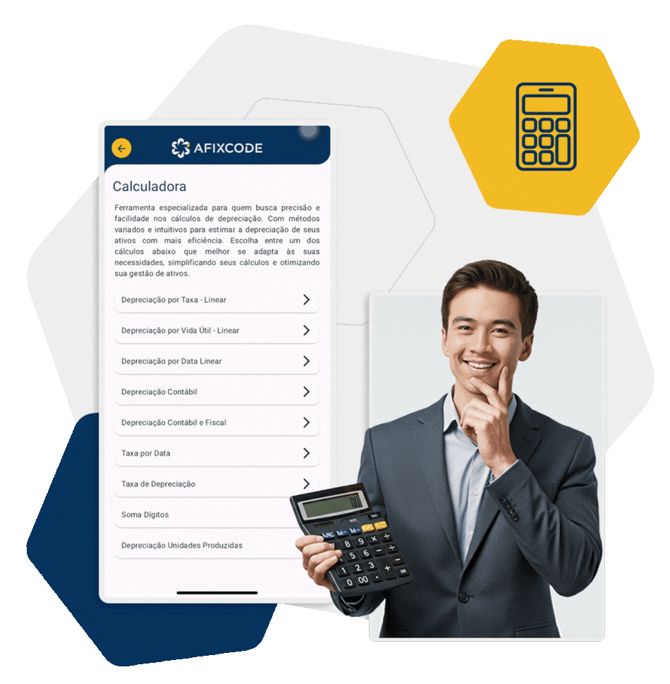 Aplicativo guia do imobilizado exibindo cálculo de depreciação linear com usuário segurando calculadora para gestão de ativos