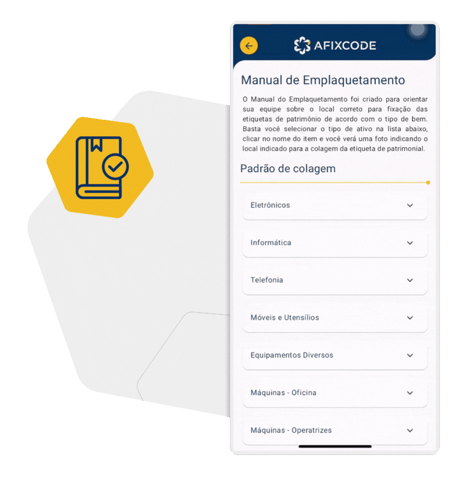 Aplicativo guia do imobilizado exibindo manual de emplaquetamento com instruções para fixação de etiquetas em ativos patrimoniais