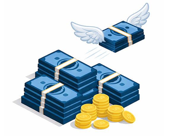 Ilustração de dinheiro voando, remetendo a perdas