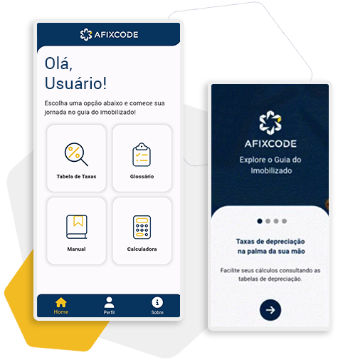 Telas do aplicativo Afixcode com funcionalidades de consulta, cálculo e guia do imobilizado em software móvel